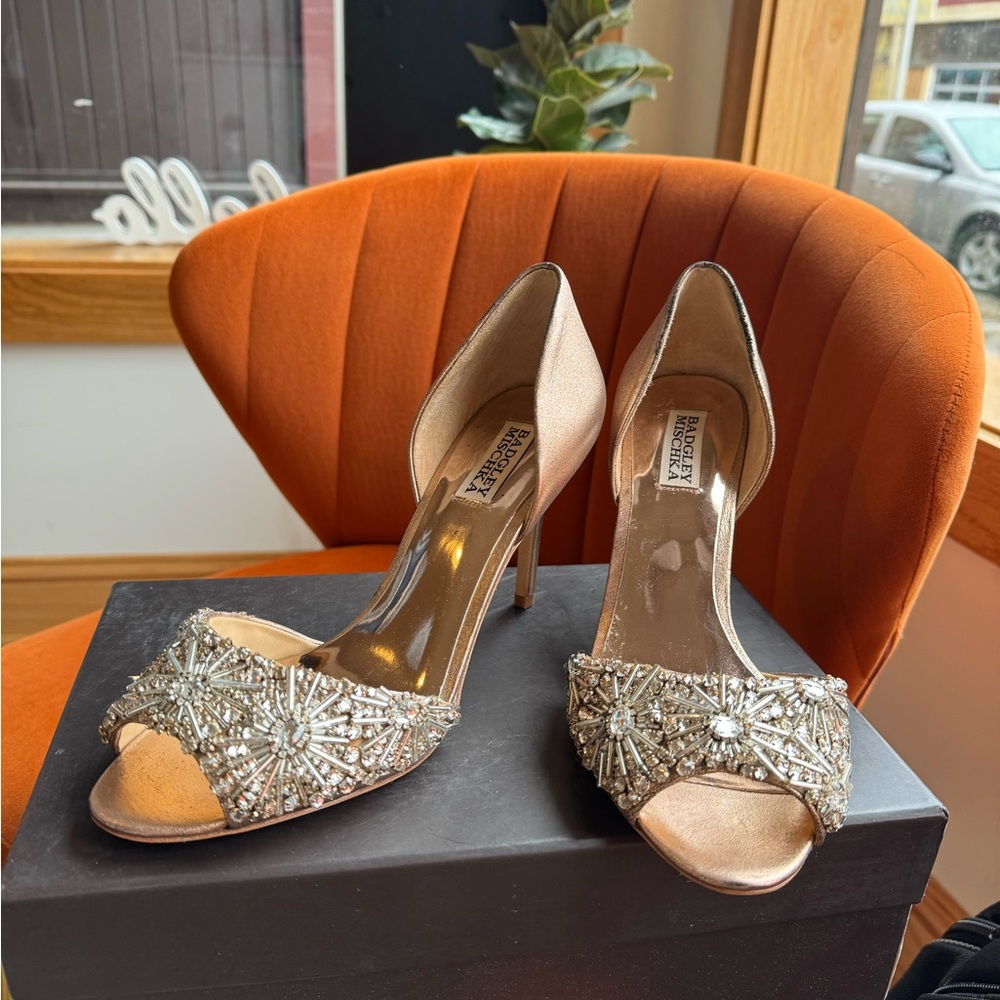 Badgley Mischka Maria Beaded Rhinestone Heels Rose Gold